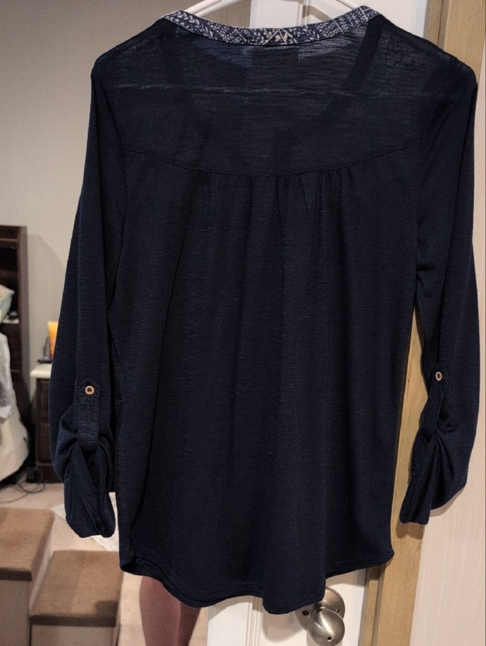 Maurices Navy and White Floral Yoke Henley Blouse - Picture 2 of 3